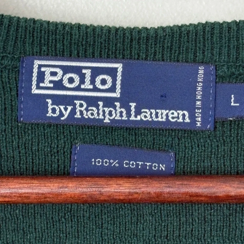 VTG‎ Polo Ralph Lauren Sweater Vest Mens Large Green Golf Crest Knit Cotton FLAW